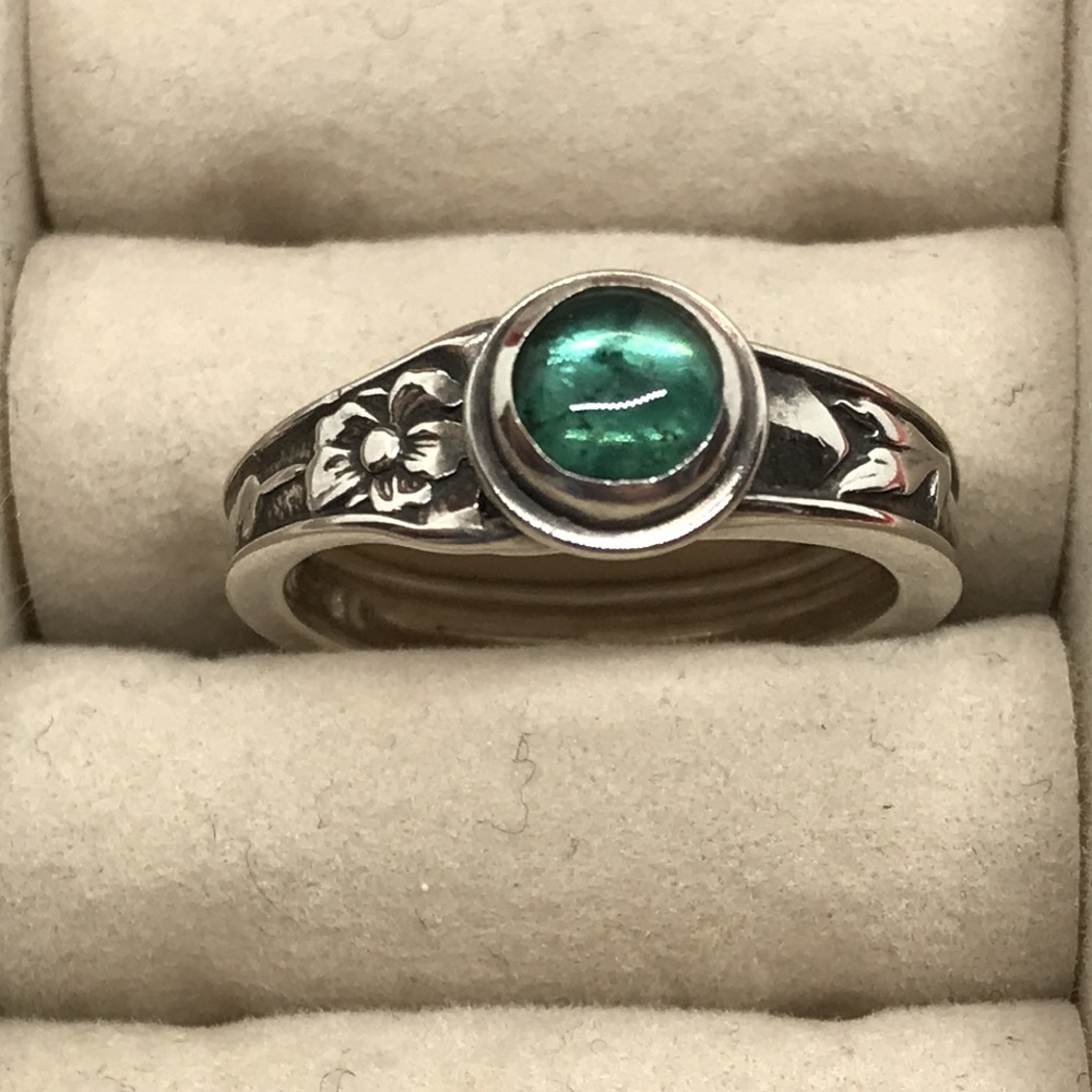 Upcycled Sterling Silver Ring with Blue Green Tourmaline, Size 7